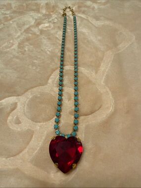 Turquoise Beaded Necklace with Red Heart Pendant